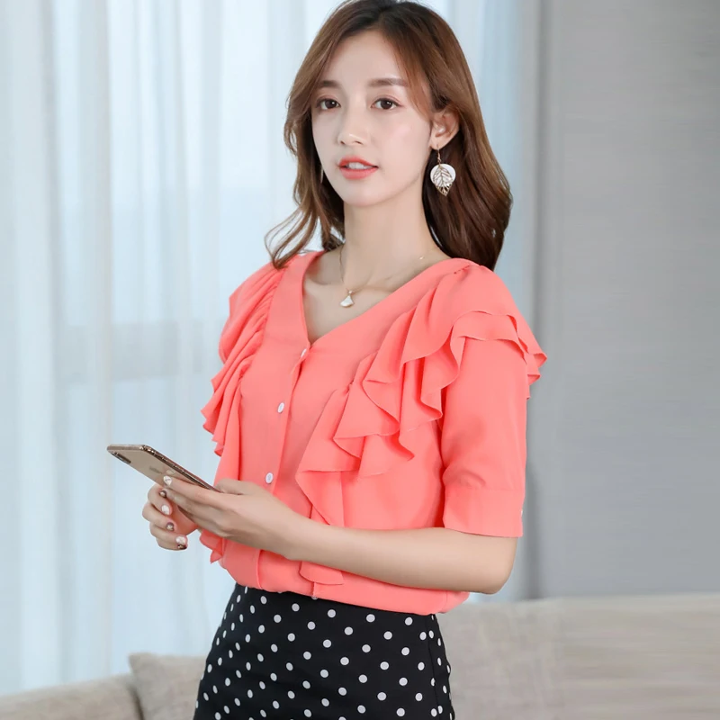 Большие размеры женские блузы половина рукава оборки рубашка шифоновая блузка