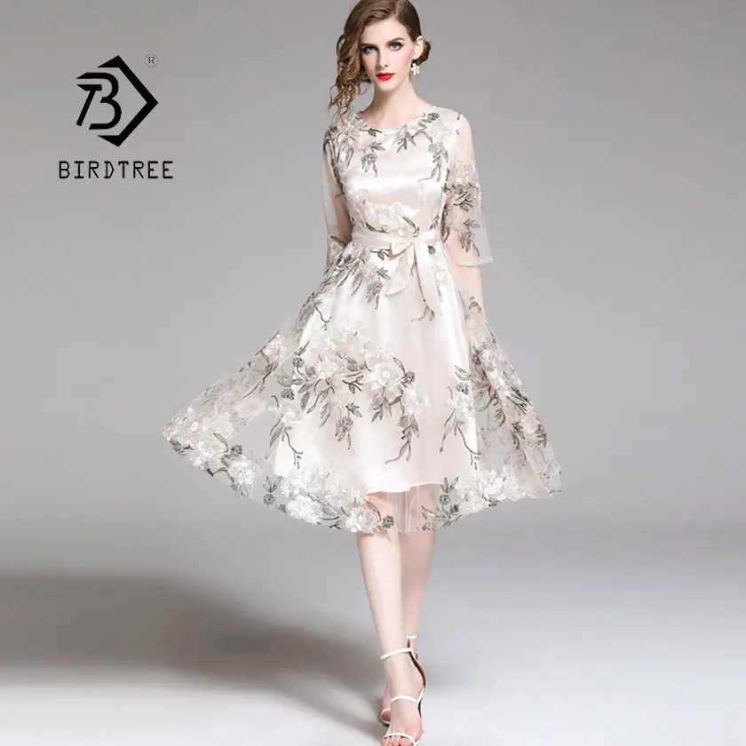 Женское Сетчатое платье с вышивкой цветочным бантом и полуоборками на молнии