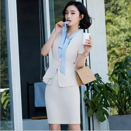 

Женский костюм с юбкой, абрикосовый блейзер и юбка для офиса, одежда для работы и офиса, лето 2018
