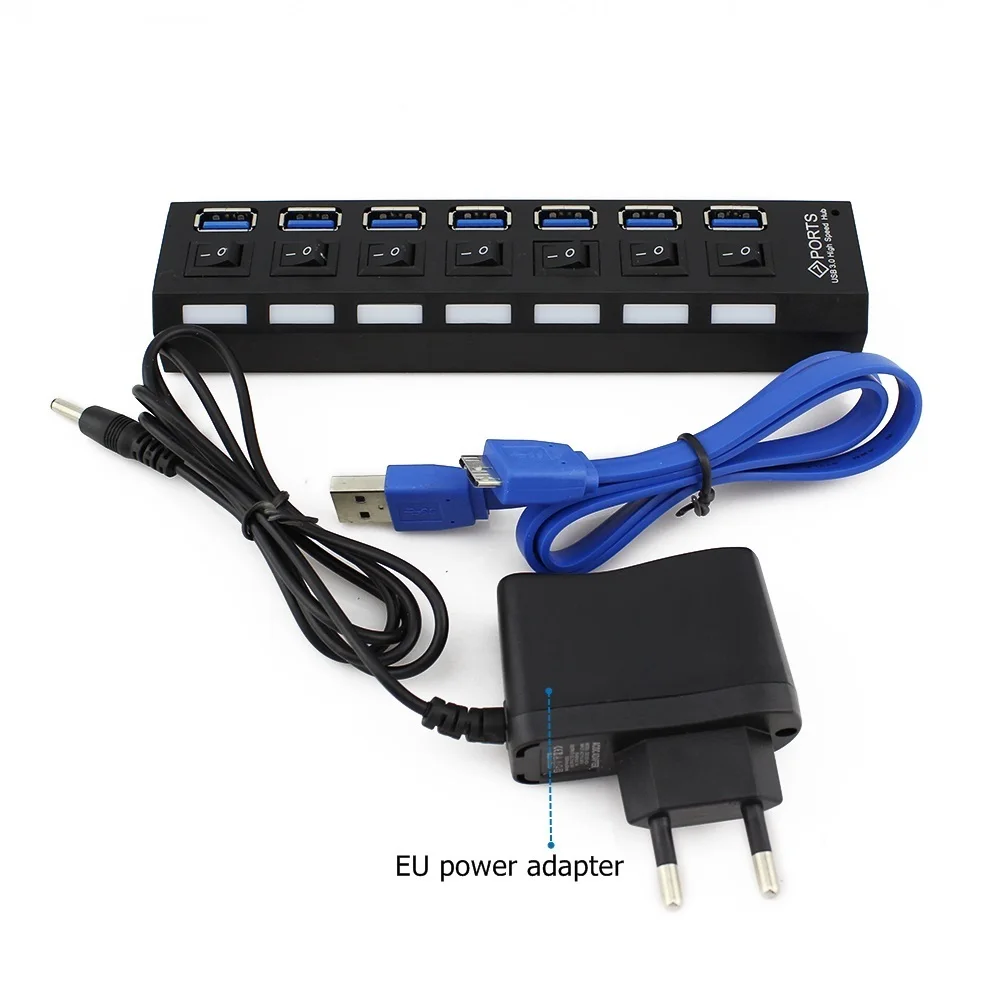 Hub with EU Adapter CHYI usb-хаб 3,0 с адаптером питания 7 портов USB3.0 СВЕТОДИОДНЫЙ Переключатель ВКЛ/ВЫКЛ концентратор USB разветвитель Компьютерные аксессуары для ПК ноутбука Горячая Распродажа - Цвет: Hub with EU Adapter