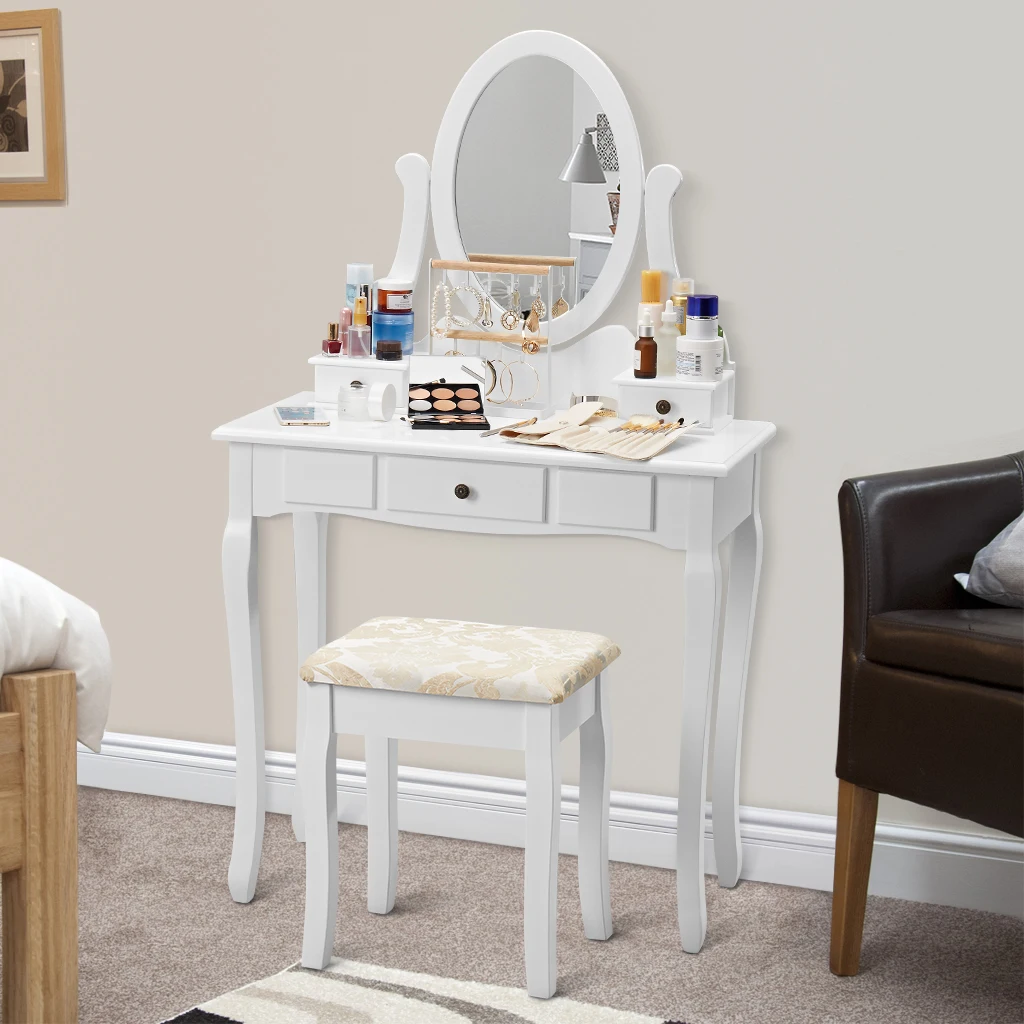 LANGRIA комоды для макияжа туалетный столик VanityStool набор регулируемое поворотное овальное зеркало 3 выдвижных ящика цельное прорезиненное дерево queen Anne Legs