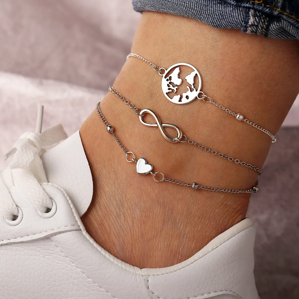 

Creative Fashion Map Love Heart Anklets Footchain Bohemian Summer Beach Silver Adjustable Anklet Bracelet for Women Jewelry