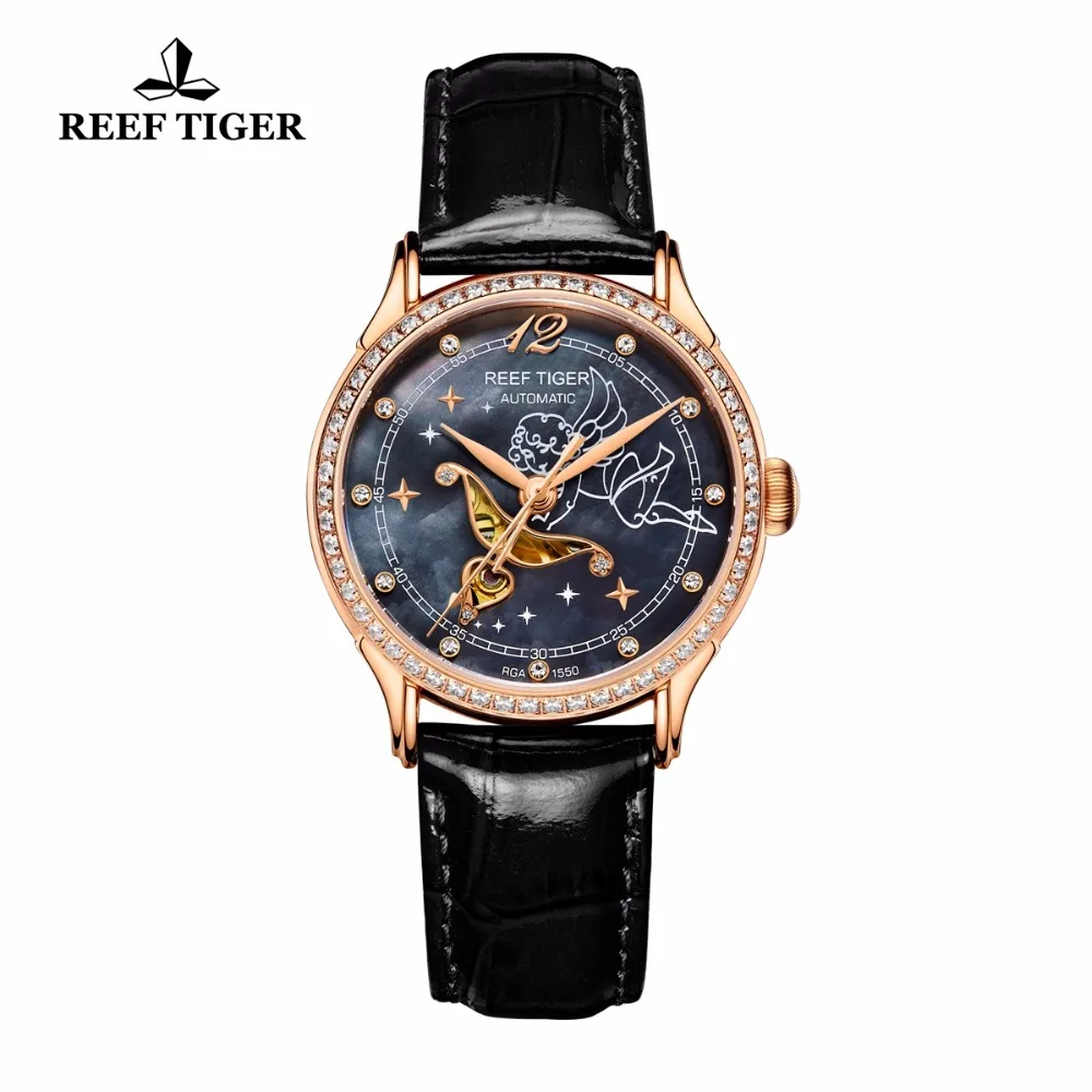 Женские автоматические часы Reef Tiger механические из телячьей кожи с бриллиантами