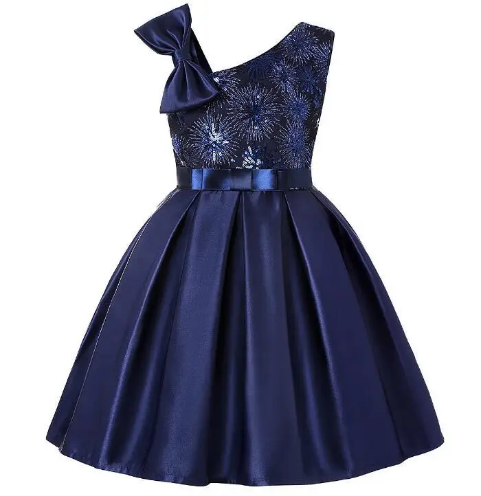 Dark Blue Детское платье в полоску с цветочным рисунком для девочек, Рождественская Детская одежда, платье принцессы для свадебной вечеринки, платье с бантом для маленьких девочек - Цвет: Dark Blue