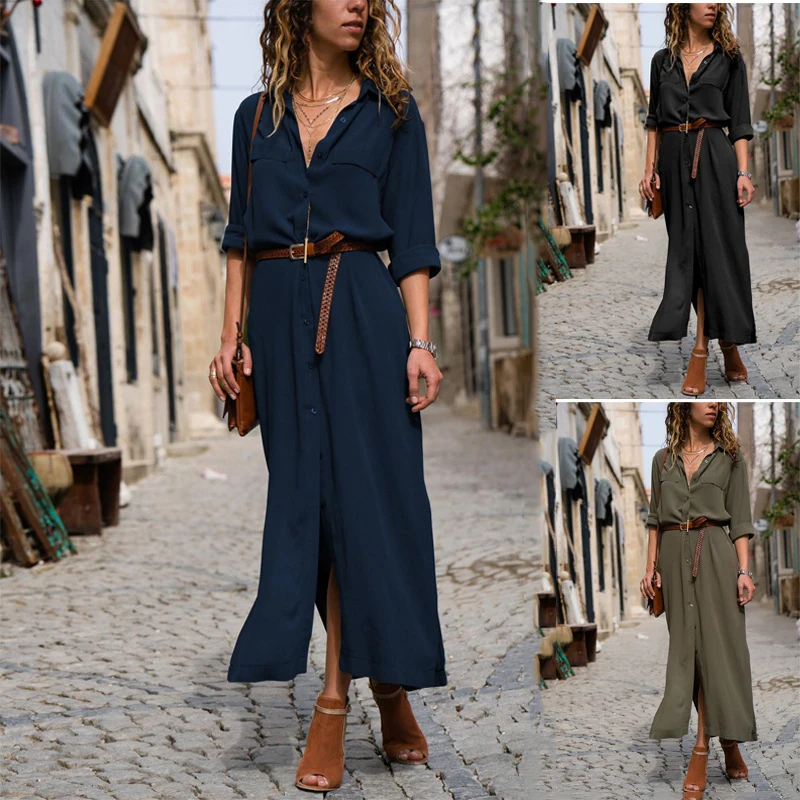 Summer Vestidos de fiesta Causal Loose Half Sleeve Long Collar Neck Solid Color Open with Split Button Women Party Dress W1017 | Женская