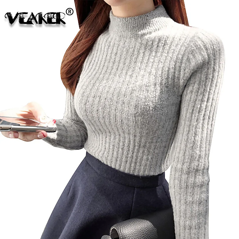 Женский свитер с высоким эластичным воротом облегающий вязаный 2018 