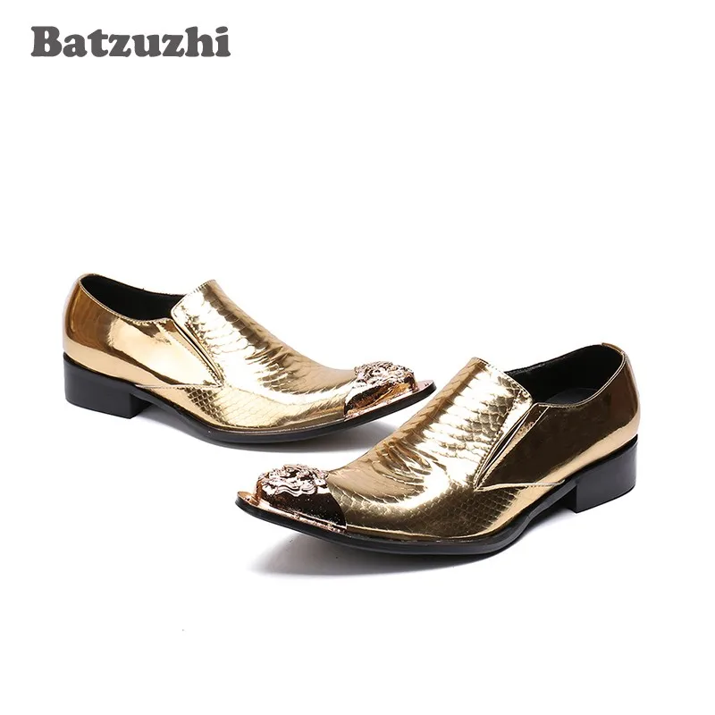 Роскошные мужские туфли Batzuzhi с острым носком золотые кожаные модельные Zapatos Hombre