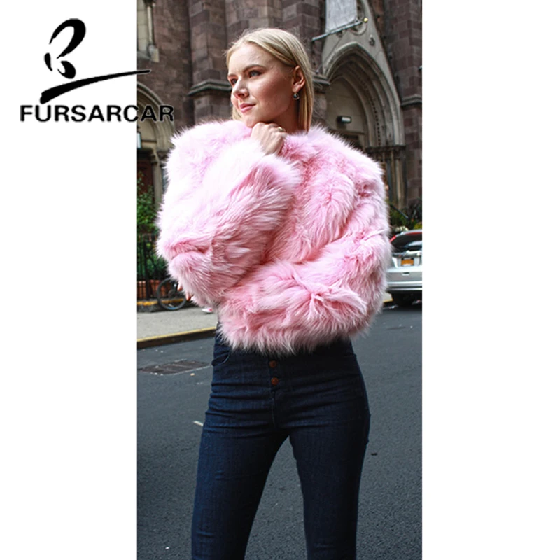 FURSARCAR короткие Стиль натуральный мех пальто для Для женщин Новинка зимы лиса Меховая куртка с круглым вырезом из натуральной кожи роскошные меховые пальто