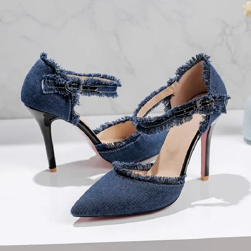 US4-11 женские джинсы туфли-лодочки на высоком каблуке с острым носком и бахромой