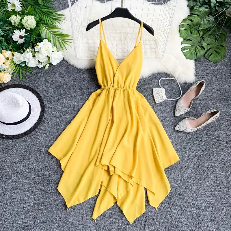 Женское платье с V-образным вырезом однотонное асимметричное открытой спиной и