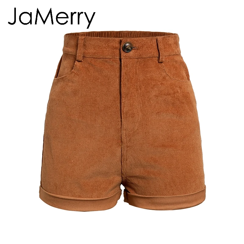 Brown JaMerry Vintage corduroy high waist shorts bottoms women Casual streetwear shorts female Loose summer button short shorts - Цвет: Brown