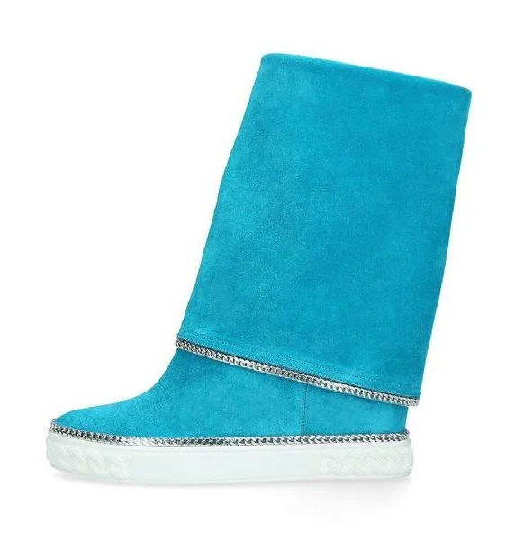 

Sexy Blue Pink Suede Leather Chain-Embellished Boots Gold-tone Metal Hidden Wedge Boots Fold Over Thcik Rubber Sole Winter Boots