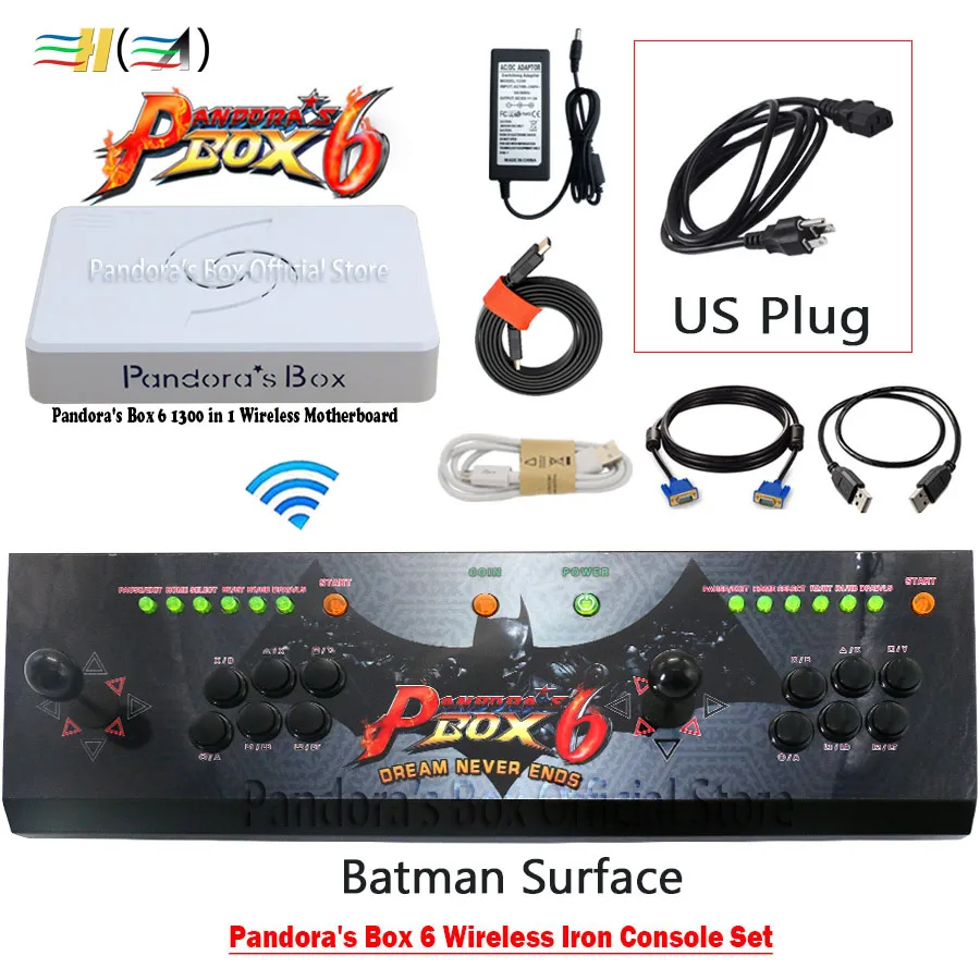Batman US plug 3а оригинальная игра Pandora's Box 6 1300 в 1 беспроводной аркадный джойстик 2 игрока железная консоль Комплект HDMI VGA usb для ПК ТВ ps3 Tekken - Цвет: Batman US plug