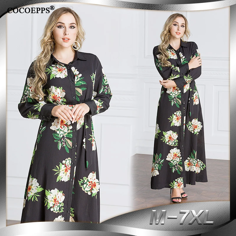 Женское платье рубашка с цветочным принтом большого размера|sleeve maxi dress|plus size dressmaxi
