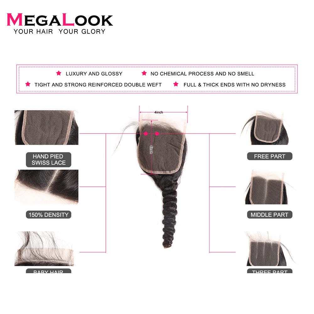 Megalook малазийские свободные волнистые кружева Закрытие 100% Remy человеческие волосы