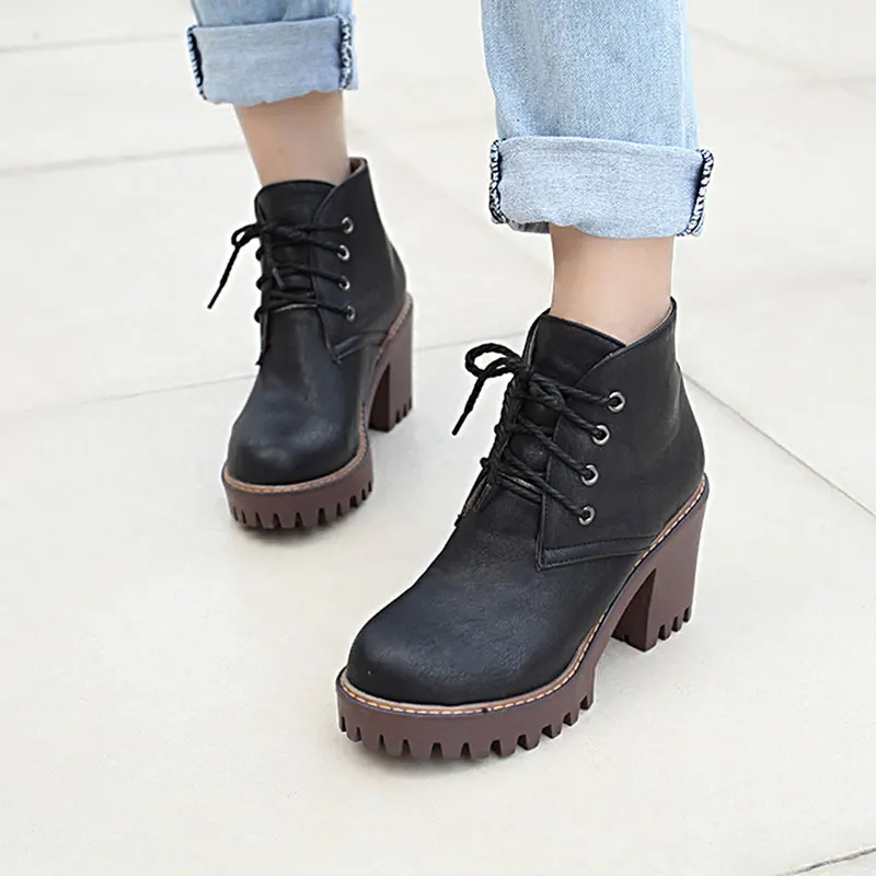 Female Classic High Fashion Round Toe Thick Heels Lace-up Knight Ankle Boots Lady Black Grey Simple Vogue Martin Shoes ZX648 | Обувь