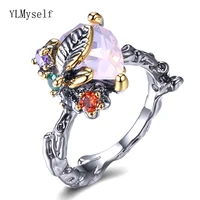 sweat fashion ring big water drop pink stones leaf luxury jewellery lovely multi color beautiful rings for women