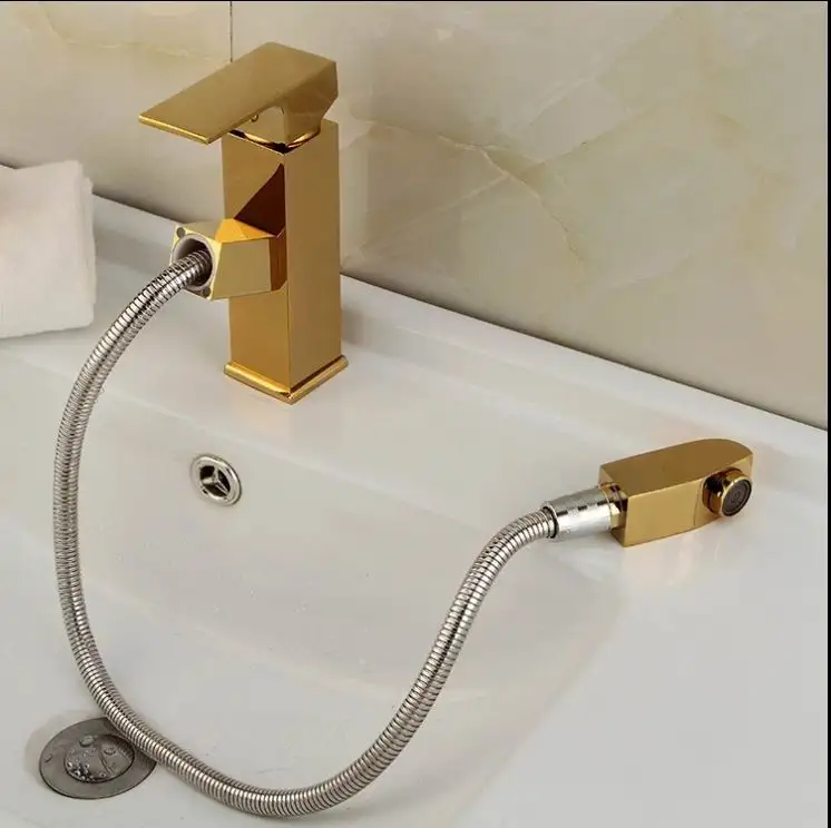 

Free Shipping Hot Sale Swivel Pull Out Deck Mounted Single Handle Square Gold Bathroom Basin Hot & Cold Mixer Tap Basin Faucet