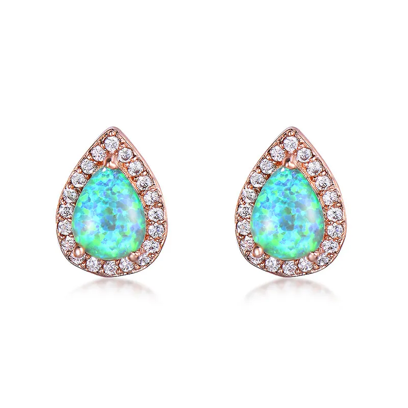 Rose Gold Green Opal Серьги-гвоздики с австрийскими кристаллами в форме груши для женщин, 925 серебро, розовое золото, заполненные радугой, белые, синие, зеленые серьги с огненным опалом для женщин - Окраска металла: Rose Gold Green Opal