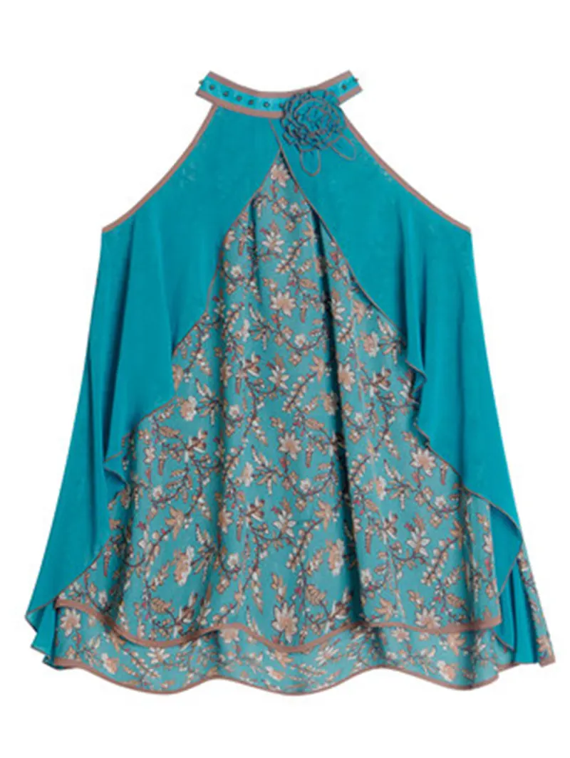 

2021 New Retro Summer Women's Print Strapless Sleeveless Shirt ethnic style T-shirt hanging neck Female Tops X947