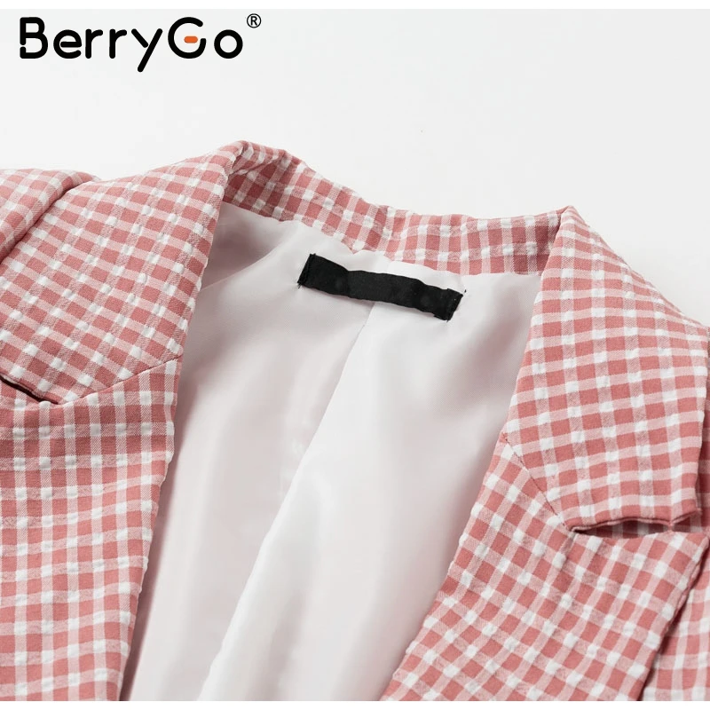 BerryGo офисный женский розовый клетчатый блейзер с длинным рукавом и карманами на одной пуговице, женские повседневные пальто, модная верхняя одежда, шикарные топы, блейзер