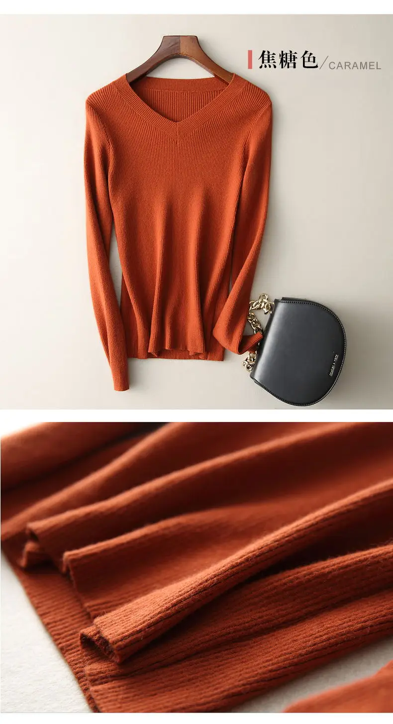 Caramel color Высококачественный женский свитер, пуловер с v-образным вырезом, топы, однотонный кашемировый свитер, женский свитер, горячая распродажа - Цвет: Caramel color