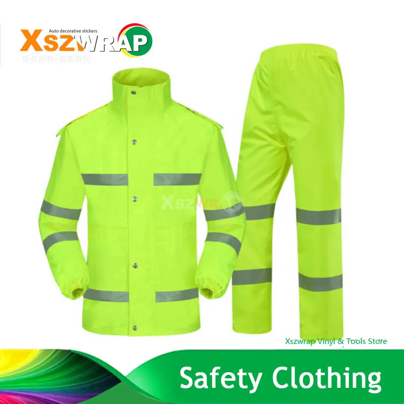 

Fluorescent Green Safety Reflector Sliver Raincoat Trousers Garment Set Fashion Breathable Traffic Outdoor Adult Men and Women