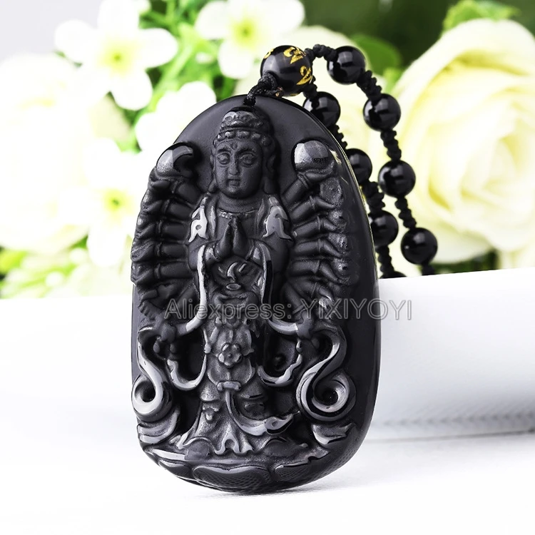 Красивая китайская ручная работа натуральный черный обсидиан резная тысяча