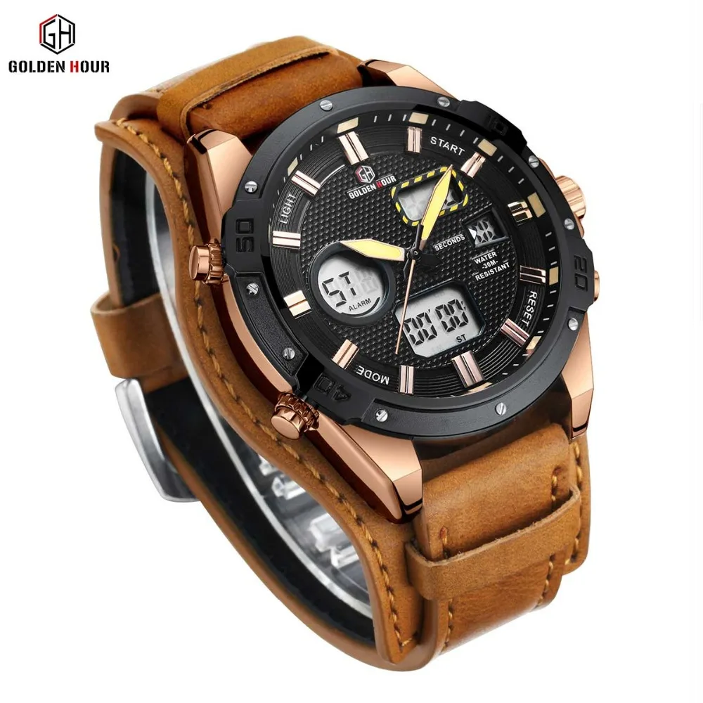 GOLDENHOUR Dual Time Цифровые Аналоговые спортивные часы мужские коричневый кожаный ремешок светильник светодиодный Будильник календарь дисплей водонепроницаемые часы