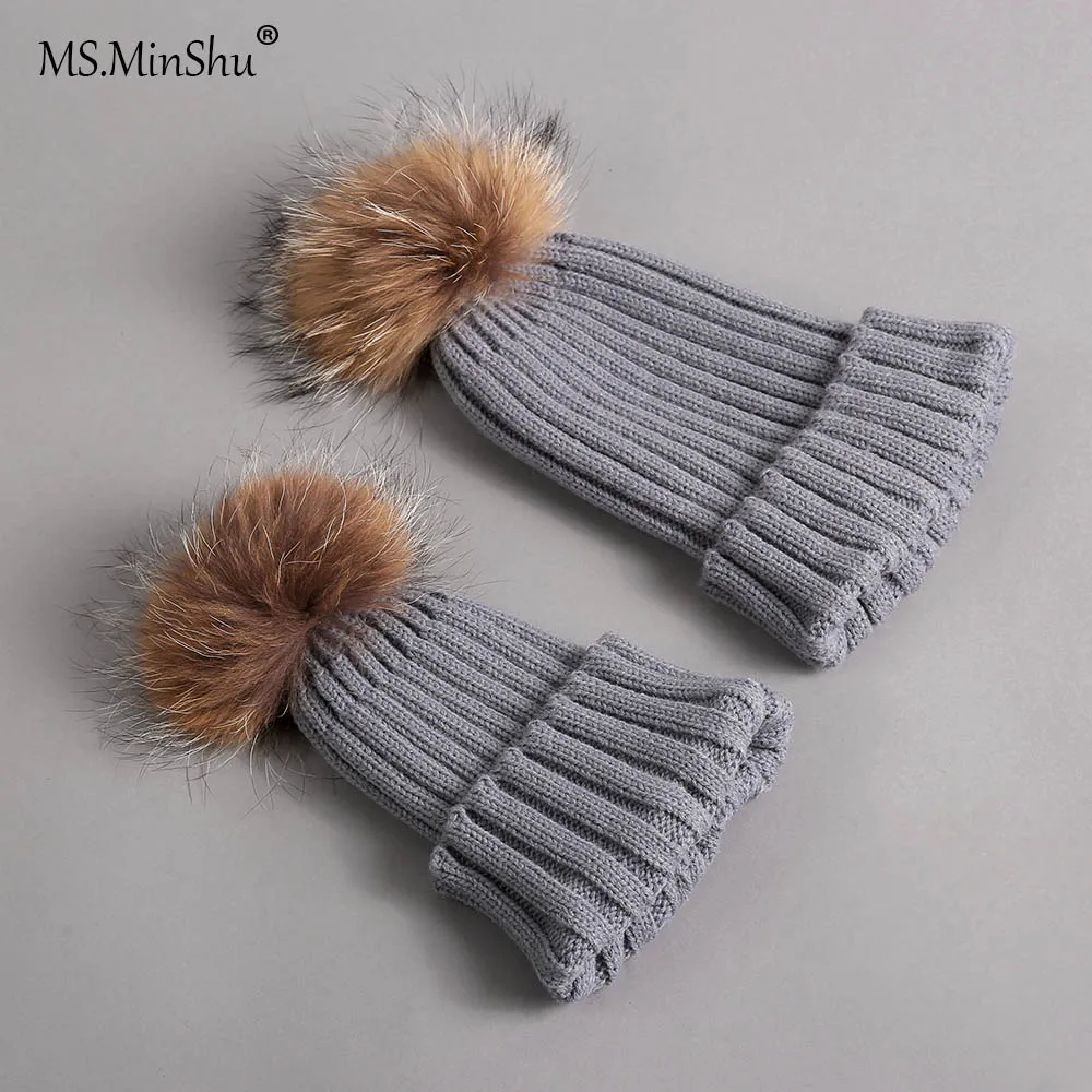 Шапка с меховым помпоном для родителей и детей меховая шапка из лисьего меха