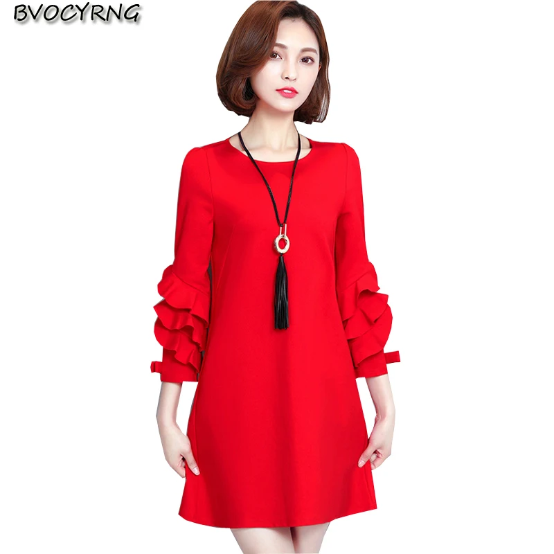 

2017 корейские модные Женские однотонные весенне-осенние платья больших размеров с круглым вырезом и длинными рукавами, высококачественное ...