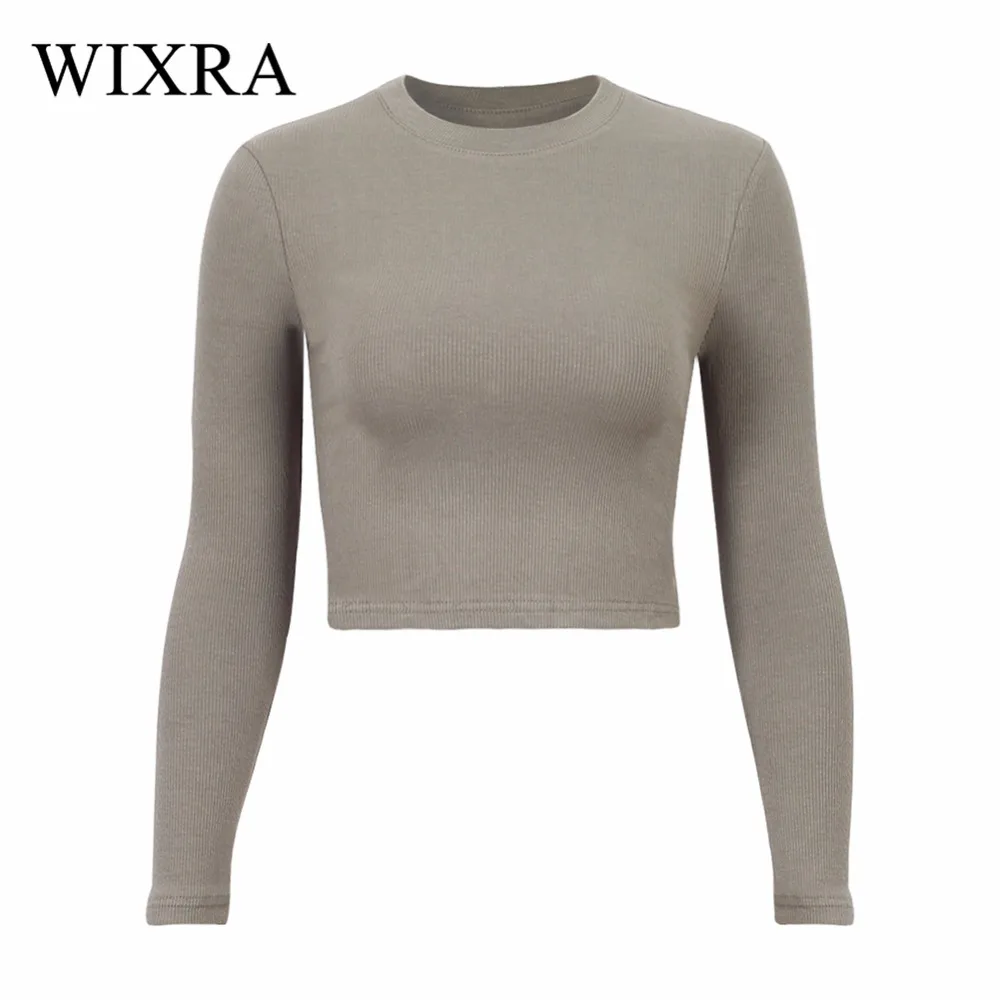 Wixra, базовая футболка, весна, женские хлопковые футболки, ребристая трикотажная футболка, женская укороченная футболка с длинным рукавом и круглым вырезом, женский укороченный топ