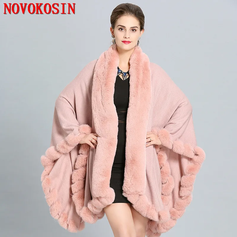 SC280 2018 Women Winter Shawl Fake Fox Fur Big Long Collar Loose Poncho Capes Cardigan Coat Plus Size Cloak White Pashmina swyivy ladies fur cloak shawl autumn winter coat cardigan shawl female casual loose plaid open stitch imitation fox fur collar