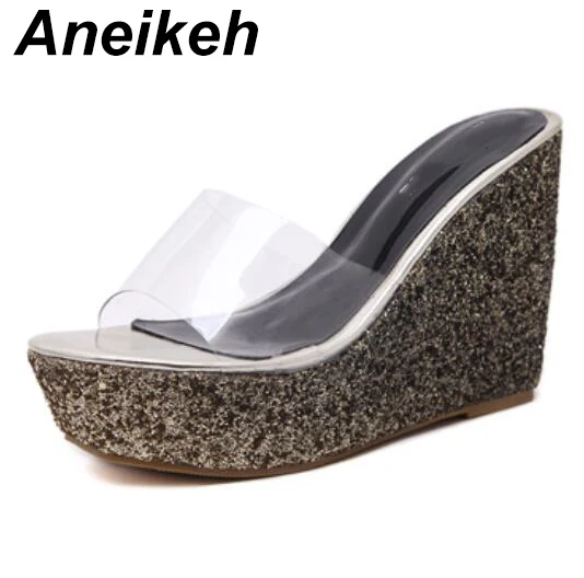 Black Gold Aneikeh/ г. летние сандалии, шлепанцы, модная базовая обувь на танкетке, обувь на высоком каблуке, женские шлепанцы с открытым носком, женская обувь - Цвет: Black Gold