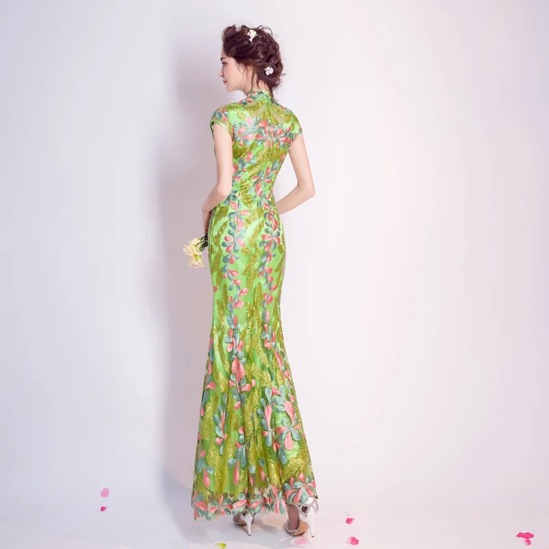 Зеленый традиционные свадебные платья Qipao Cheongsam вышитые дизайн-современный