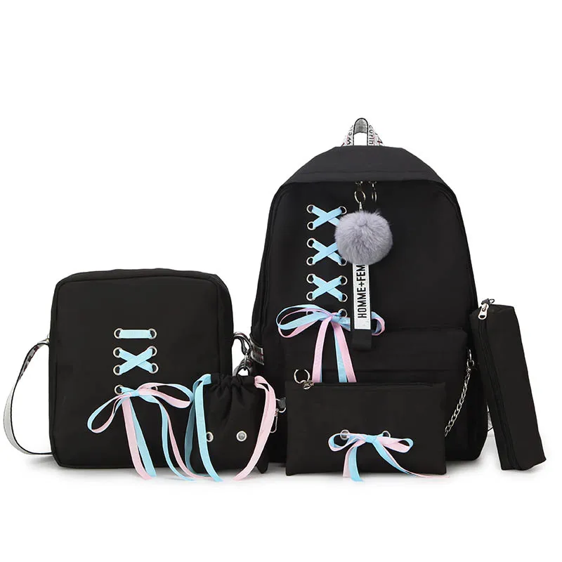 Черный 5 шт./компл. модный рюкзак для девочек Школьный рюкзак Mochila Feminina рюкзак, школьные рюкзаки для девочек-подростков, рюкзак для школы, комплект - Цвет: Черный