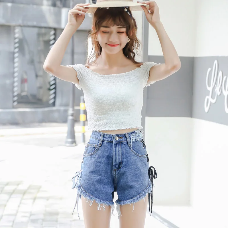 Vetevidi/джинсовые шорты с высокой талией и полосками сбоку женские летние тонкие