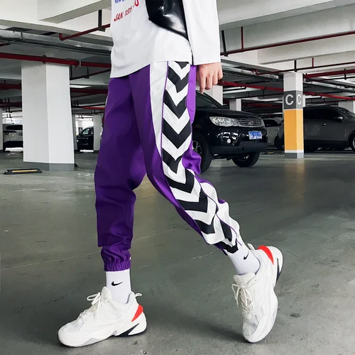 Впитывает пот и Штаны Для мужчин плюс Размеры Повседневное черный, белый цвет с полосками модные Для мужчин Штаны в стиле «хип-хоп» Штаны, шаровары, штаны, мужские брюки - Цвет: purple