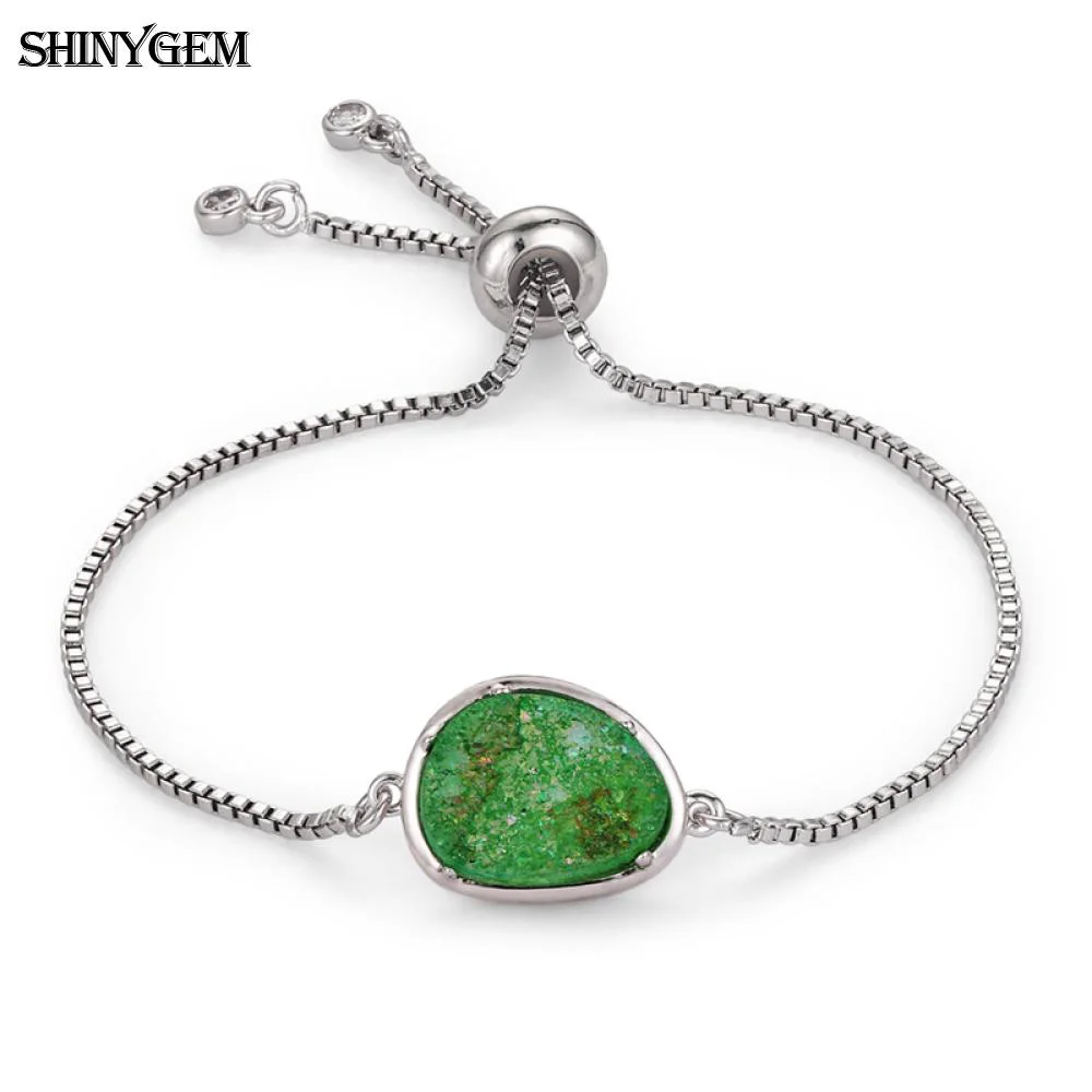 ShinyGem модные минеральные друзы Кристалл Регулируемые браслеты с шармами серебряный цвет цепи браслеты натуральный камень браслеты для женщин - Окраска металла: Green