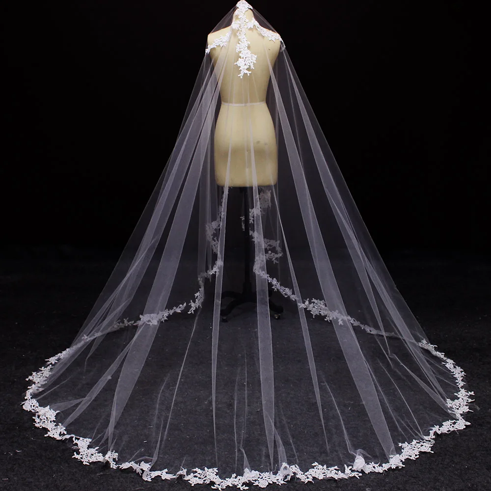 Белый Кот Тюль 3 М длинные один Слои аппликация Край свадебная фата Элегантные