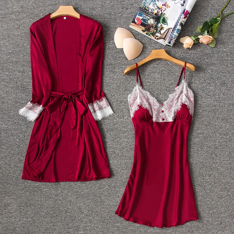 2019 Women Sleepwear Sexy Lace Gown Set Sleep Lounge Indoor Clothing Ladies Nightwear Bathrobe Nightdress With Chest Pads | Женская