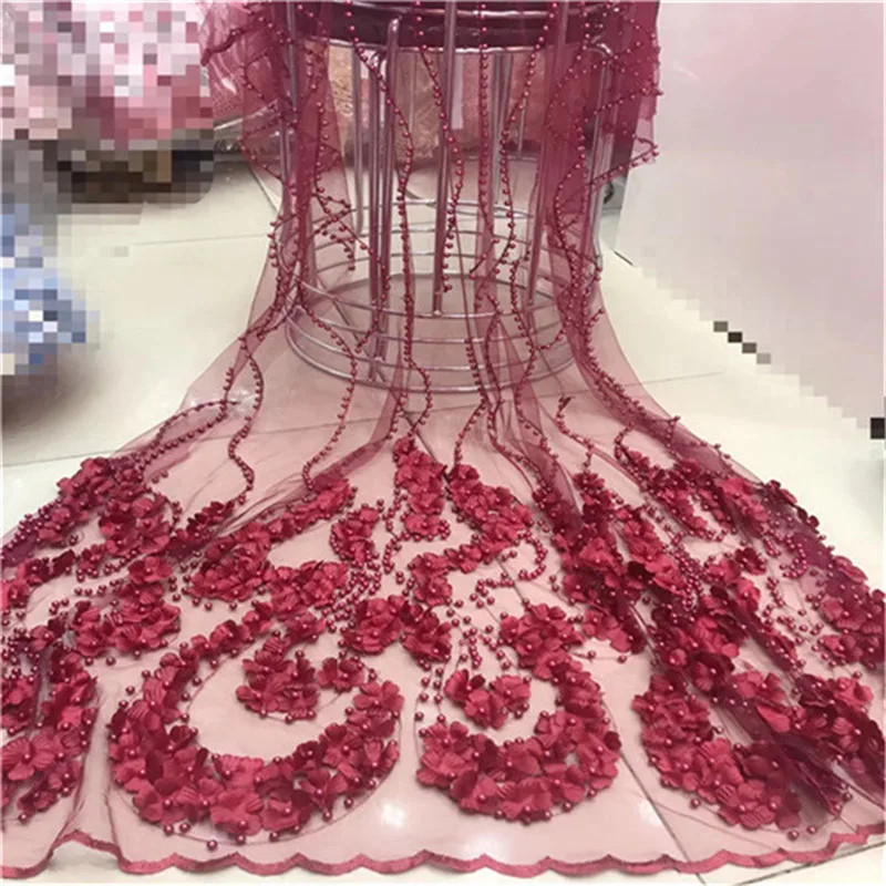 Новый дизайн 2018 африканской сетчатой кружевной ткани с бисером, высокое качество французской трехмерной сетки для женского платья.