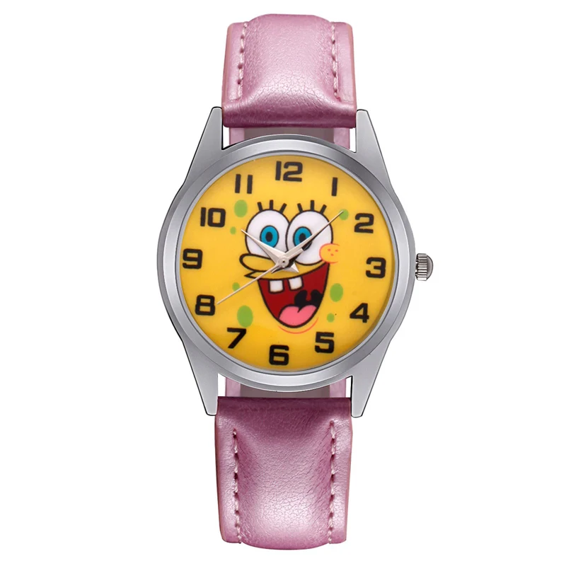 Pink Мультфильм милый Губка Боб Стиль Детские часы Дети студентов девочек кварцевые Кожаный ремешок наручные часы JC34 - Цвет: Pink
