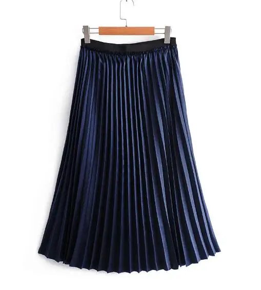XQJ9934 navy blue Женская Осенняя длинная юбка из металла темно-синяя плиссированная Офисная Женская стильная SML Прямая 18OctW3 эластичная талия - Цвет: XQJ9934 navy blue