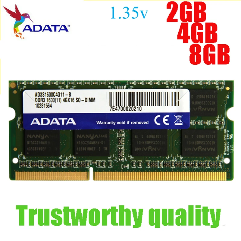 Марка ADATA оперативной памяти ноутбука 8 ГБ 4 2 DDR3L 1600 мГц 1 35 В 204 Pin SO DIMM Совместимость