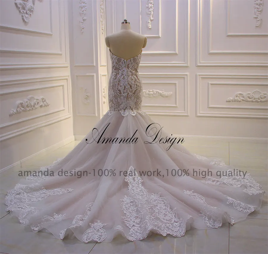 Аманда дизайн hochzeitskleid Кружева с аппликацией и юбкой-годе Шампанское без бретелек свадебное платье