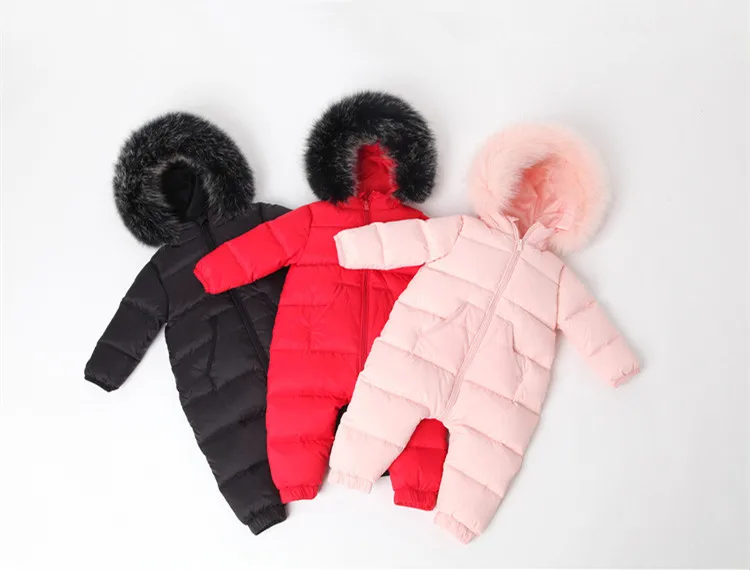 NewBorn Baby Winter Rompers Overalls 90% White Duck Down Natural Fur Collar Soft Kids Outwear Coat For Boys Girls 0-4 Y Snowsuit