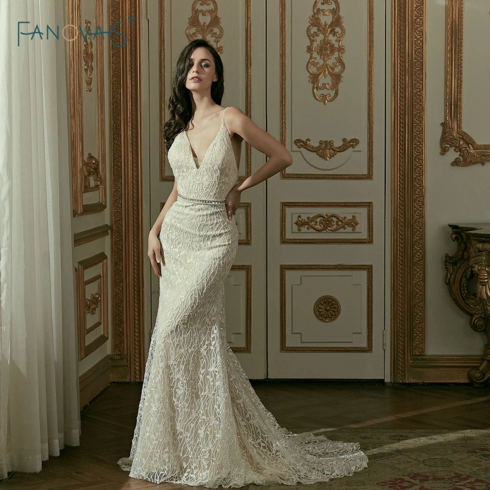 Роскошное Свадебное платье русалки кружевное свадебное с v образным вырезом