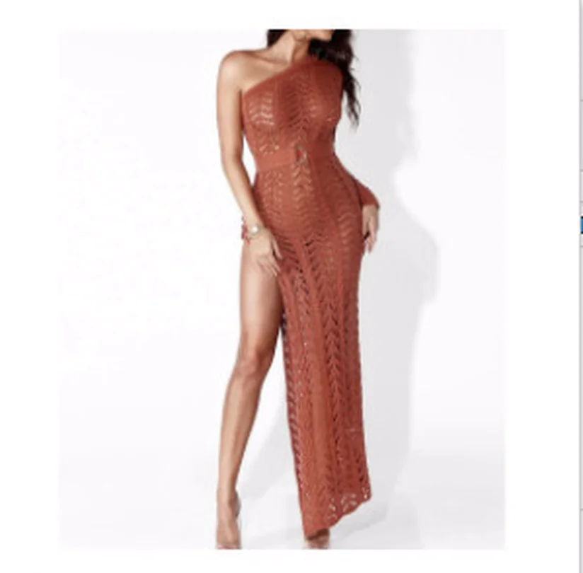 2019 Sexy One Shoulder Irregular Neck Dress Female Knitted Hollow Out Party Rosegold/Silver/White | Женская одежда