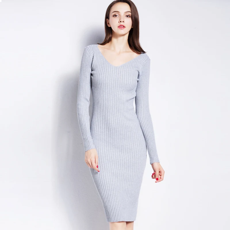 Vintage Double V-Neck Knee-Length Knitted Dress Women One-Piece Pullovers Winter Female New Fashion Sheath Sweater | Женская одежда